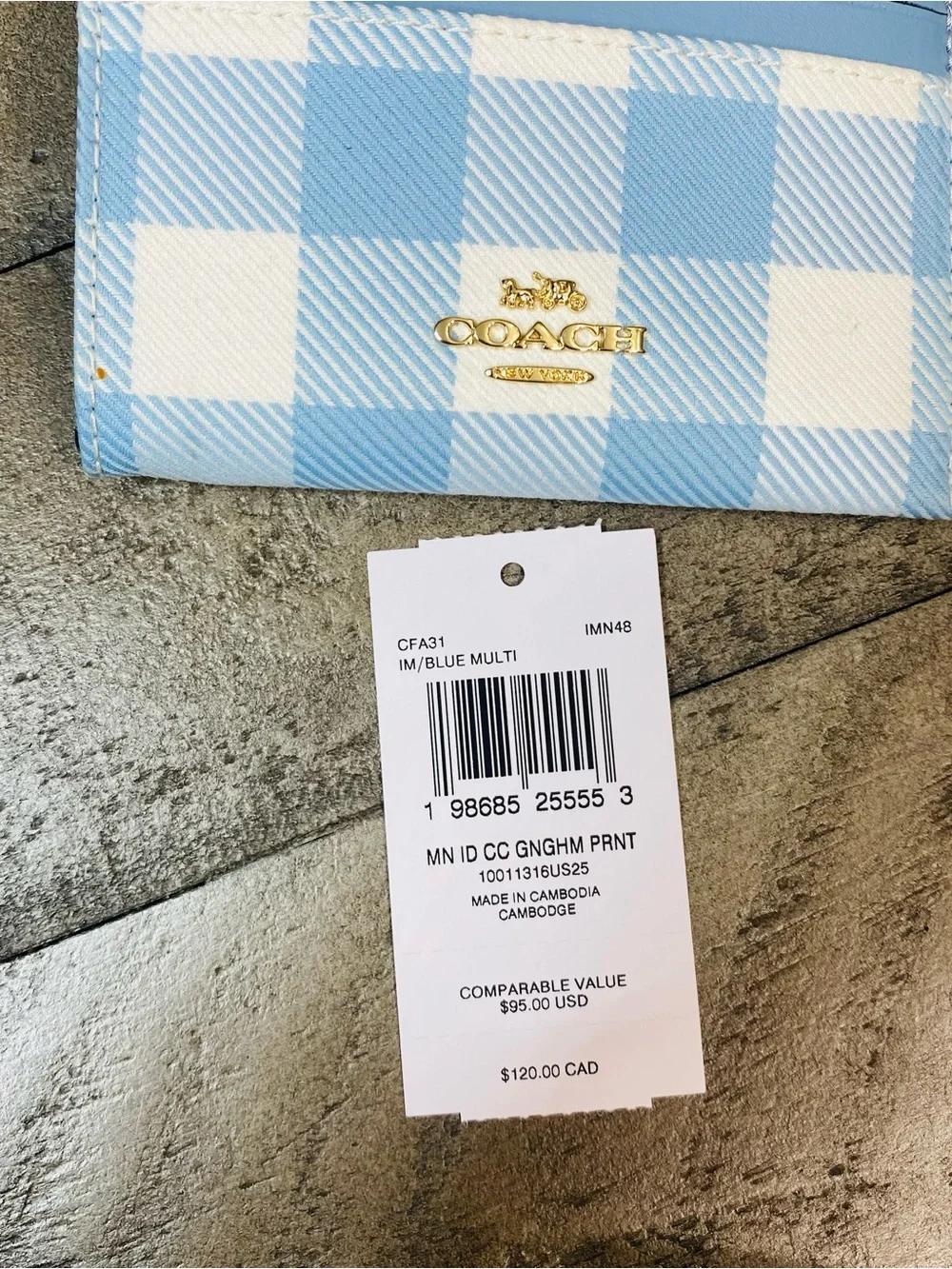 COACH Mini Skinny ID Case Gingham Blue White Card Holder Wallet Cherry Charm